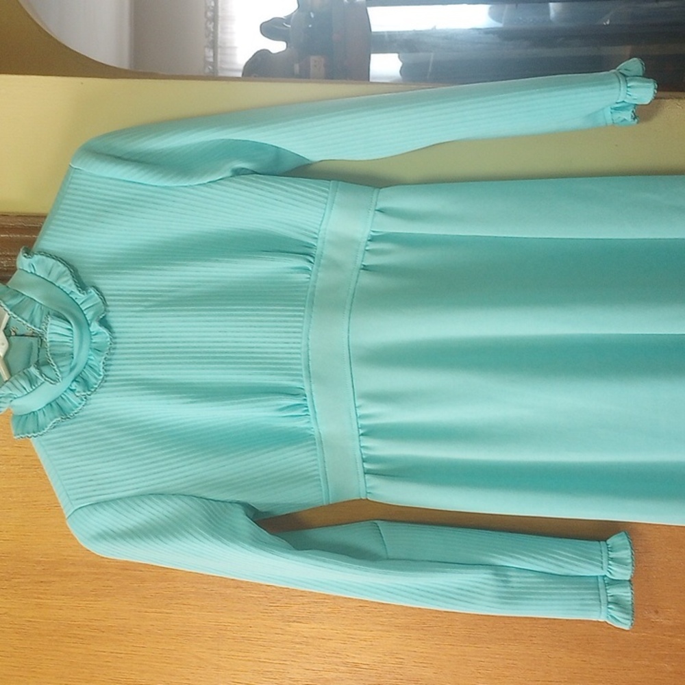 Vtg Size 9 Modest Full Length Blue Dress w/ High Collar, Long Sleeves & Ruffle - Picture 2 of 6